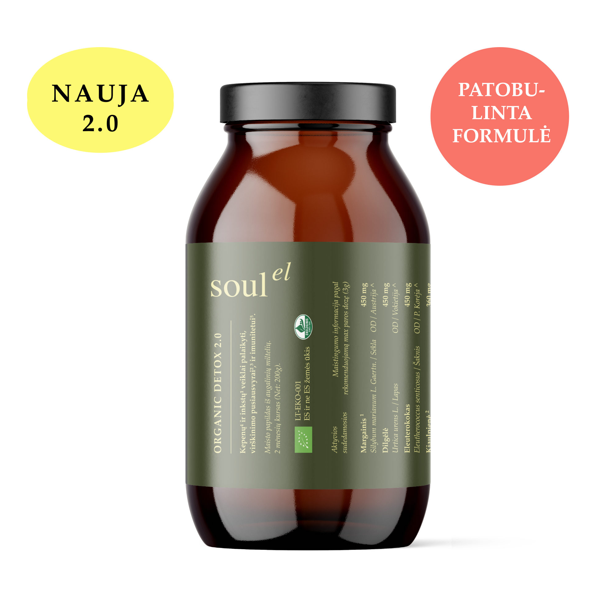 SOULEL Organic DETOX 2.0 — sertifikuotas ekologiškas augalinių miltelių maisto papildas kepenų ir inkstų funkcijai palaikyti, 200 g stiklainis