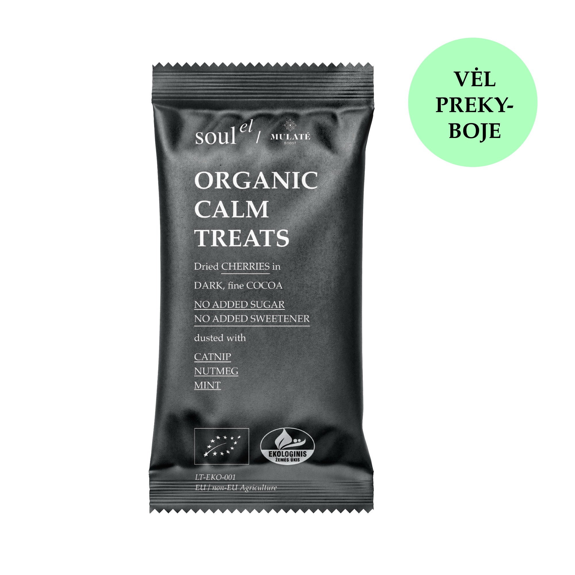 Ekologiški vyšnių ir kakavos skanukai su raminančiu augaliniu CALM mišiniu.