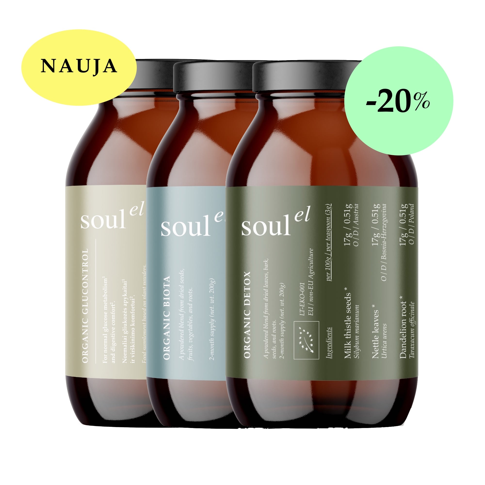 Metabolinės pusiausvyros rinkinys – EKO BIOTA, EKO GLUCONTROL ir EKO DETOX kepenų funkcijos, gliukozės apykaitos ir žarnyno mikrobiotos palaikymui