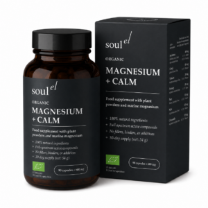 SOULEL Organic Magnesium + CALM – ekologiškas maisto papildas su magnio turinčiomis jūržolėmis, valerijonu, ramunėlėmis ir kitais augalais kapsulėse.