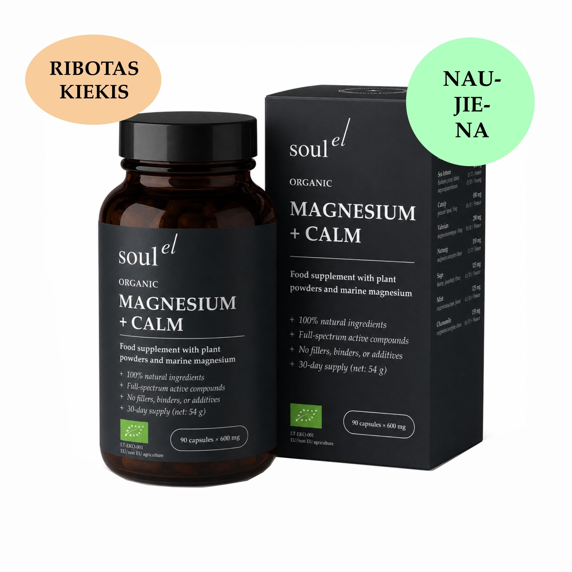 SOULEL Organic Magnesium + CALM – ekologiškas maisto papildas su magnio turinčiomis jūržolėmis, valerijonu, ramunėlėmis ir kitais augalais kapsulėse.