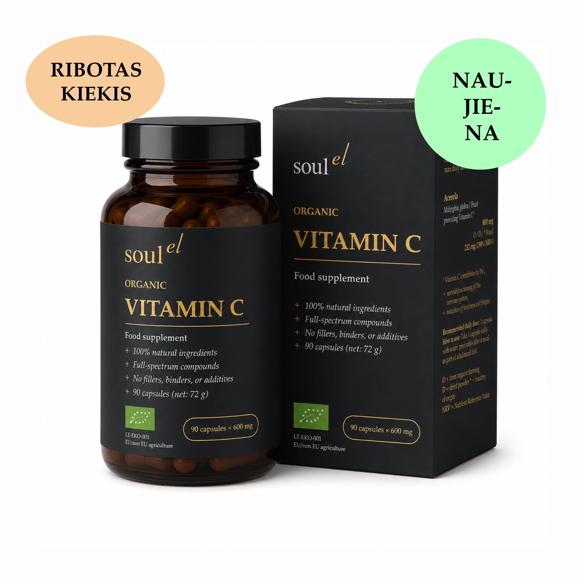 SOULEL Organic Vitamin C papildas – ekologiškas vitaminas C iš acerolų vaisių, natūralus viso vaisiaus vitamino C šaltinis kapsulėse.
