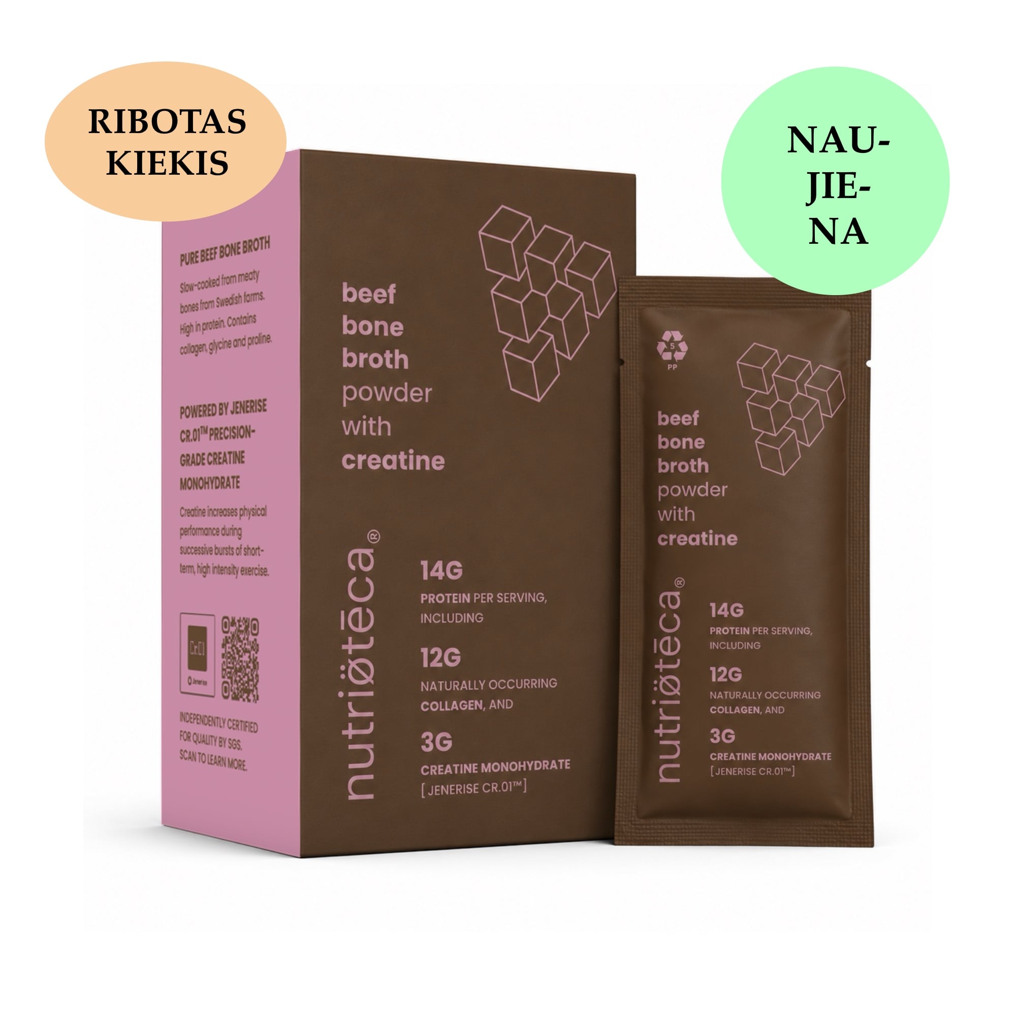 NUTRIOTECA ekologiškas jautienos kaulų sultinys su kreatinu – 14 g baltymų, 12 g natūraliai esančio kolageno ir 3 g Jenerise Cr.01™ kreatino vienoje porcijoje.