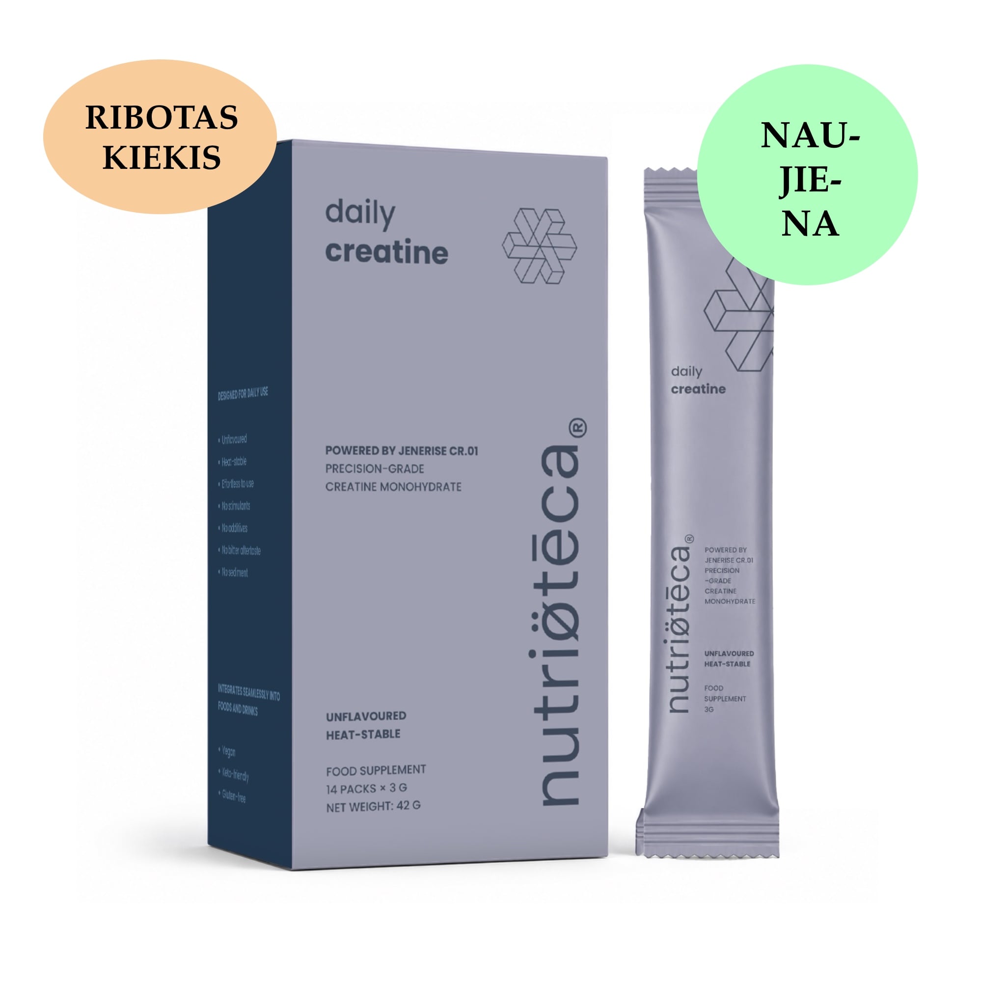 NUTRIOTECA Daily Creatine 3 g – kreatino monohidratas vienkartiniuose pakeliuose su Jenerise Cr.01™ Precision-Grade kreatinu.