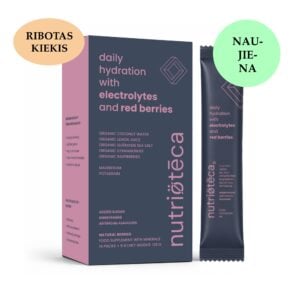 NUTRIOTECA kasdienės hidratacijos elektrolitai su raudonomis uogomis – vienkartiniai pakeliai su ekologišku kokosų vandeniu, citrina, Guérande jūros druska, braškėmis, avietėmis, magniu ir kaliu.