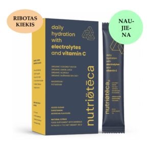NUTRIOTECA kasdieniai elektrolitai su vitaminu C, magniu ir kaliu – natūralaus citrinų skonio maisto papildas kasdienei hidratacijai.