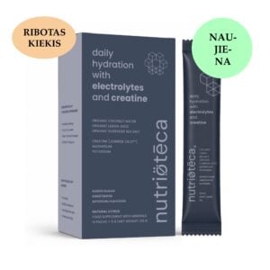 NUTRIOTECA Daily Hydration su elektrolitais ir Jenerise Cr.01™ kreatinu – kasdienės hidratacijos formulė su ekologišku kokosų vandeniu, citrina, Guérande jūros druska, magniu ir kaliu.