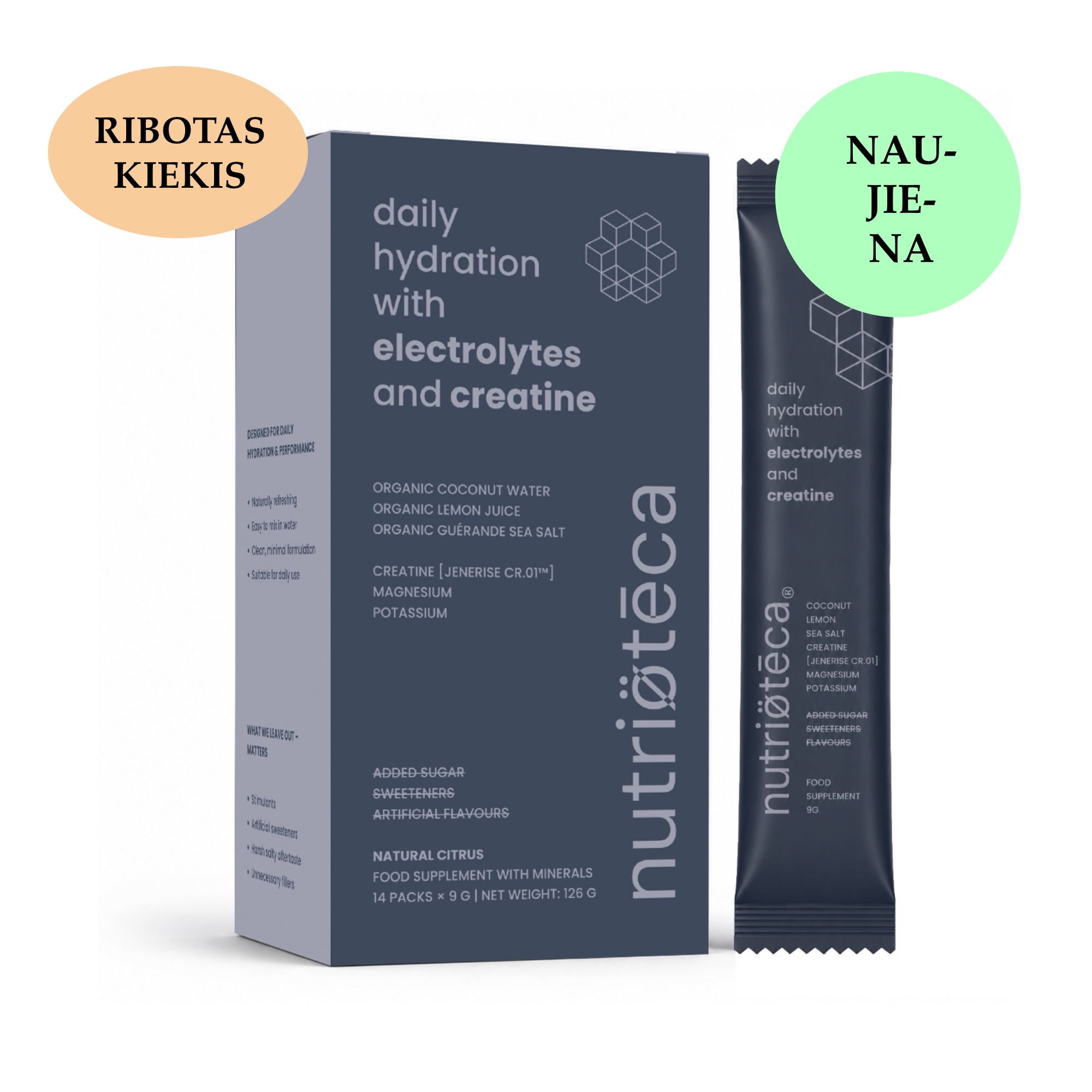 NUTRIOTECA Daily Hydration su elektrolitais ir Jenerise Cr.01™ kreatinu – kasdienės hidratacijos formulė su ekologišku kokosų vandeniu, citrina, Guérande jūros druska, magniu ir kaliu.